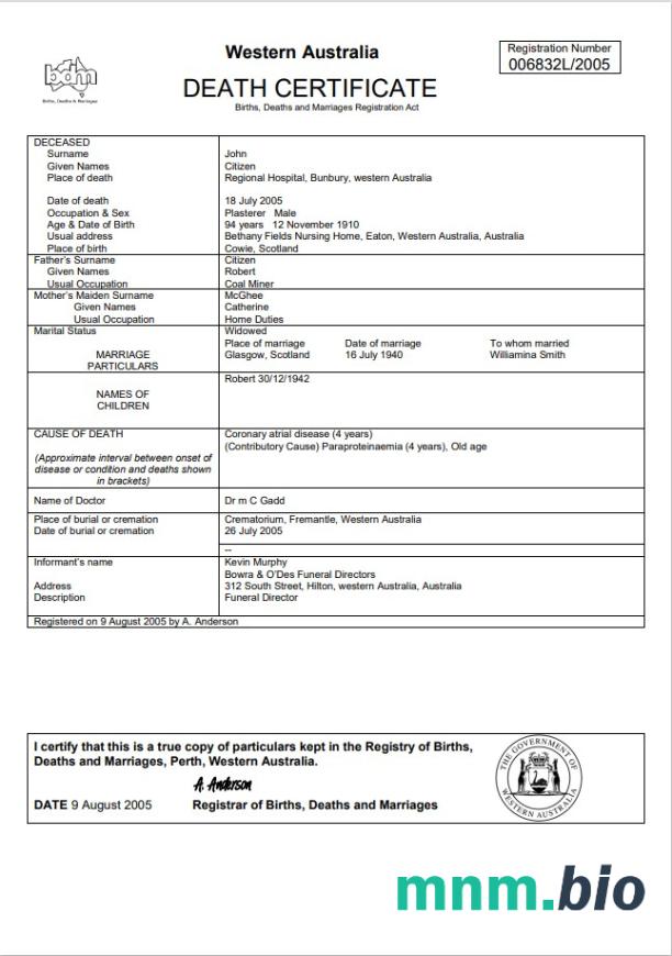 Australia Western Australia śmierć certyfikat szablon in Word